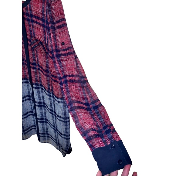 BCBGMAXAZRIA chiffon plaid tunic length button down top - Picture 4 of 7